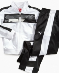 Fast and furious. He'll be geared up for the track or just regular running-around in these comfortable pants from Puma. Fast and furious. He'll be geared up for the track or just regular running-around in these comfortable pants from Puma.