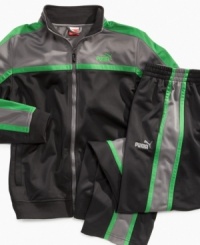 He'll be off and running in this stylish and cozy track jacket from Puma. He'll be off and running in this stylish and cozy track jacket from Puma.