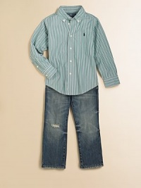 A crisp long-sleeved button-down is rendered in smart, versatile striped cotton.Button-down collarLong sleeves with single-button barrel cuffsButton-frontSplit back yokeShirttail hemCottonMachine washImported Please note: Number of buttons may vary depending on size ordered. A crisp long-sleeved button-down is rendered in smart, versatile striped cotton.Button-down collarLong sleeves with single-button barrel cuffsButton-frontSplit back yokeShirttail hemCottonMachine washImported Please note: Number of buttons may vary depending on size ordered.