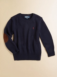 A crewneck sweater is updated with suede elbow patches for a modern layering piece.CrewneckLong sleeves with suede elbow patchesPullover styleCotton/woolMachine washImported A crewneck sweater is updated with suede elbow patches for a modern layering piece.CrewneckLong sleeves with suede elbow patchesPullover styleCotton/woolMachine washImported