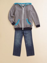 Contrasting trim meets bold stripes for an ultra-cool, stylish coverup for your little man.Attached hoodLong sleevesZip frontSplit kangaroo pockets75% modal/25% polyesterMachine washImported Contrasting trim meets bold stripes for an ultra-cool, stylish coverup for your little man.Attached hoodLong sleevesZip frontSplit kangaroo pockets75% modal/25% polyesterMachine washImported