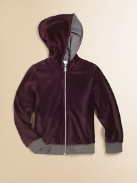 Crafted in buttery soft velvet with an attached hood, side slash pockets and young Versace printed hem.Attached hoodLong sleevesFull zip frontSide slash pockets40% modal/40% cotton/20% polyamideMachine washMade in Italy Crafted in buttery soft velvet with an attached hood, side slash pockets and young Versace printed hem.Attached hoodLong sleevesFull zip frontSide slash pockets40% modal/40% cotton/20% polyamideMachine washMade in Italy