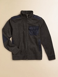 He'll look street-ready in this cozy sweater, with contrasting nylon elbow patches and a snap-flap pocket. Ribbed standing collarNylon inserts on shouldersLong sleeves with ribbed cuffs and elbow patchesZip front closureChest snap-flap pocketFront slash pocketsRibbed hemCotton/polyesterMachine washImported He'll look street-ready in this cozy sweater, with contrasting nylon elbow patches and a snap-flap pocket. Ribbed standing collarNylon inserts on shouldersLong sleeves with ribbed cuffs and elbow patchesZip front closureChest snap-flap pocketFront slash pocketsRibbed hemCotton/polyesterMachine washImported