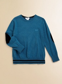 He'll want to snuggle in this handsome cotton knit with velvet elbow patches log embroidery.CrewneckLong sleeves with shoulder patchesPullover styleRibbed cuffs and hemCottonMachine washImported He'll want to snuggle in this handsome cotton knit with velvet elbow patches log embroidery.CrewneckLong sleeves with shoulder patchesPullover styleRibbed cuffs and hemCottonMachine washImported