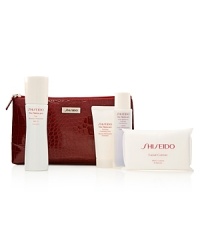 Bring intense moisture to skin and resist early signs of aging with The Ideal Moisture Skincare Set. Packaged in a beautiful red cosmetics pouch, the set includes: The Skincare Day Moisture Protection SPF 15 (full size 75 mL), The Skincare Purifying Cleansing Foam (travel size 50 mL), The Skincare Hydro-Balancing Softener (travel size 150 mL), Facial Cotton (8-piece) and a mini facial voucher (redeemable at any Shiseido counter). Bring intense moisture to skin and resist early signs of aging with The Ideal Moisture Skincare Set. Packaged in a beautiful red cosmetics pouch, the set includes: The Skincare Day Moisture Protection SPF 15 (full size 75 mL), The Skincare Purifying Cleansing Foam (travel size 50 mL), The Skincare Hydro-Balancing Softener (travel size 150 mL), Facial Cotton (8-piece) and a mini facial voucher (redeemable at any Shiseido counter).