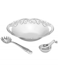 With a feminine edge and pretty perforated detail in pure aluminum, the French Perle pasta bowl and servers present your favorite comfort foods with decidedly vintage charm. A brilliant complement to French Perle dinnerware. (Clearance) With a feminine edge and pretty perforated detail in pure aluminum, the French Perle pasta bowl and servers present your favorite comfort foods with decidedly vintage charm. A brilliant complement to French Perle dinnerware. (Clearance)