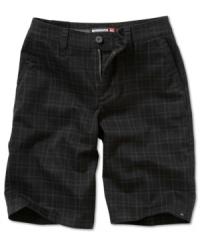 A handsome plaid print gives these Quiksilver shorts a cute and preppy style. A handsome plaid print gives these Quiksilver shorts a cute and preppy style.