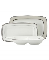 Serve it all up in style! This compact, stackable set includes entertaining essentials to fit every occasion: one 15 rectangular platter, one divided server and one hors d'oeuvre tray. Coordinates with the beautiful Voila dinnerware from Lenox Simply Fine. Serve it all up in style! This compact, stackable set includes entertaining essentials to fit every occasion: one 15 rectangular platter, one divided server and one hors d'oeuvre tray. Coordinates with the beautiful Voila dinnerware from Lenox Simply Fine.