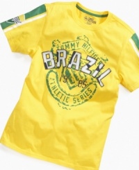 Fly the flag. He can brandish his colors with this country t-shirt from Tommy Hilfiger, with fresh style accents and patch appliques. Fly the flag. He can brandish his colors with this country t-shirt from Tommy Hilfiger, with fresh style accents and patch appliques.