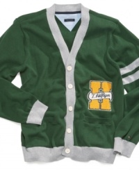 Preppy style at its best. Tommy Hilfiger's collegiate-inspired cardigan will prep him for academic success. Preppy style at its best. Tommy Hilfiger's collegiate-inspired cardigan will prep him for academic success.