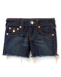 A summer staple from True Religion, the Dolly cut-offs are outfitted with flap coin and back pockets and contrast topstitching for a cool, carefree warm-weather look. A summer staple from True Religion, the Dolly cut-offs are outfitted with flap coin and back pockets and contrast topstitching for a cool, carefree warm-weather look.
