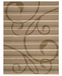 The layered look. Enhance your living area with the beautiful style and sheen of Nourison's Elements rug. Hand-loomed of plush wool for incredible texture, the luminous rug features a sweeping scrollwork design layered against earthy, neutral stripes. The layered look. Enhance your living area with the beautiful style and sheen of Nourison's Elements rug. Hand-loomed of plush wool for incredible texture, the luminous rug features a sweeping scrollwork design layered against earthy, neutral stripes.