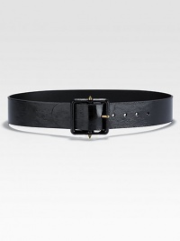 A patent leather style with stud detailing on the buckle. Black leatherShiny brass hardwareSits on the waistLeather covered square buckle with cone-shaped studsWidth, about 2Made in Italy A patent leather style with stud detailing on the buckle. Black leatherShiny brass hardwareSits on the waistLeather covered square buckle with cone-shaped studsWidth, about 2Made in Italy
