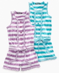 Ruffly trim on this striped romper from Planet Gold will make it the cute and comfy choice for summer style. Ruffly trim on this striped romper from Planet Gold will make it the cute and comfy choice for summer style.