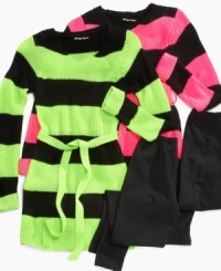 A vibrant neon striped sweater dress and solid leggings team up to create this cute and trendy set by Planet Gold.