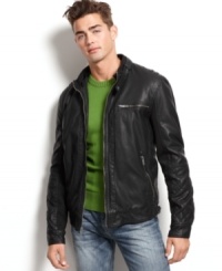 Keep looking confident and cool wearing this cross seasonal faux leather bomber styled jacket. This Guess Jeans jacket is fitted, sleek, rugged and comes with a detachable hood. Keep looking confident and cool wearing this cross seasonal faux leather bomber styled jacket. This Guess Jeans jacket is fitted, sleek, rugged and comes with a detachable hood.