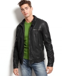 Keep looking confident and cool wearing this cross seasonal faux leather bomber styled jacket. This Guess Jeans jacket is fitted, sleek, rugged and comes with a detachable hood.