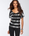Alternating lace and sequin stripes mix ladylike details with all-out glamour on INC's scoopneck top.