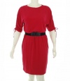 Ellen Tracy Jersey Short Sleeve Ruched Shoulder Belted Dress