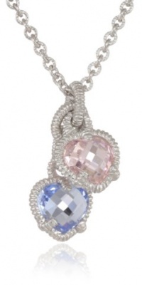 Judith Ripka Linen Silver Twin Heart Pink and Blue Pendant Necklace, 17 Judith Ripka Linen Silver Twin Heart Pink and Blue Pendant Necklace, 17