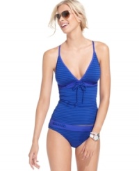 Stripes and drawstring ties add sporty style to this JAG tankini top! Stripes and drawstring ties add sporty style to this JAG tankini top!