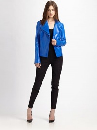 EXCLUSIVELY AT SAKS. Lustrous leather in an edgy, motorcycle silhouette with an asymmetrical front zipper, slash pockets and zippered cuffs. Notched collarButton frontAsymmetrical zipperLong sleeves with zipped cuffsFront slash pocketsFully linedAbout 24 from shoulder to hemLeatherDry clean with leather specialistImportedModel shown is 5'10 (177cm) wearing US size 2. EXCLUSIVELY AT SAKS. Lustrous leather in an edgy, motorcycle silhouette with an asymmetrical front zipper, slash pockets and zippered cuffs. Notched collarButton frontAsymmetrical zipperLong sleeves with zipped cuffsFront slash pocketsFully linedAbout 24 from shoulder to hemLeatherDry clean with leather specialistImportedModel shown is 5'10 (177cm) wearing US size 2.
