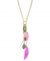 Stand out from the flock. Betsey Johnson puts hot pink feathers and bold colors to good use in this standout style. Y-shaped pendant features leaf and ladybug charms set in gold-plated mixed metal. Approximate length: 24 inches + 3-inch extender. Approximate drop: 6-1/4 inches.