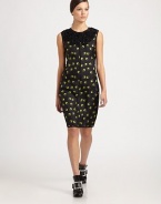 This geometrically-patterned silk sheath is embellished with a textural, ruffle-trimmed bib.Jewel necklineRuffled bib trimSleevelessConcealed back zipAbout 26 from natural waistSilkDry cleanMade in USA of imported fabricModel shown is 5'9½ (176cm) wearing US size 4. 