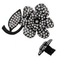 X-large Glamorous Clear Crystal Embellished Flower 2-1/4 With Black Stem Samantha Ring - Spans Two Fingers- Stretch Band X-large Glamorous Clear Crystal Embellished Flower 2-1/4 With Black Stem Samantha Ring - Spans Two Fingers- Stretch Band