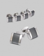 A luxury set that appoints a formal look with polished style, defined by fiber-optic glass band detail in rhodium-plated metal. Set includes 2 cuff links and 4 matching shirt studs Cuff links: about ¾ square Shirt studs: about ¼ square Imported 