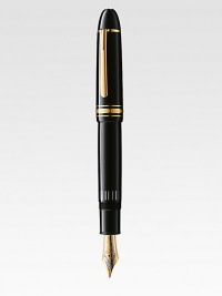 The legendary Meisterstück 149 piston fountain pen, is accented with a 18kt gold tip with rhodium-plated inlay, gold-plated clip and rings and finished with barrel and cap made of precious black resin.FountainGold-plated clipResin with inlaid logo emblemAbout 5¼ longMade in Germany The legendary Meisterstück 149 piston fountain pen, is accented with a 18kt gold tip with rhodium-plated inlay, gold-plated clip and rings and finished with barrel and cap made of precious black resin.FountainGold-plated clipResin with inlaid logo emblemAbout 5¼ longMade in Germany