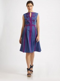 Delicate embroidery and eyelet applique add a feminine touch to this charming fit-and-flare frock.BoatneckSleevelessCut-out V insetBodice seamsSet-in waistDouble front pleatsCenter back zipperDouble back pleatsAbout 25 from natural waistAcetateDry cleanImportedModel shown is 5'10 (177cm) wearing US size 4. Delicate embroidery and eyelet applique add a feminine touch to this charming fit-and-flare frock.BoatneckSleevelessCut-out V insetBodice seamsSet-in waistDouble front pleatsCenter back zipperDouble back pleatsAbout 25 from natural waistAcetateDry cleanImportedModel shown is 5'10 (177cm) wearing US size 4.