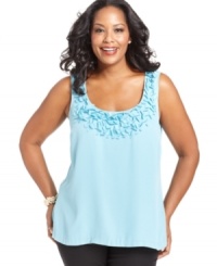 Look pretty in petals with Charter Club's sleeveless plus size top, finished by an appliqued neckline-- layer it with jackets and cardigans this season. Look pretty in petals with Charter Club's sleeveless plus size top, finished by an appliqued neckline-- layer it with jackets and cardigans this season.
