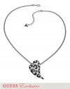 GUESS Silver-Tone Leopard-Print Heart Necklace, SILVER