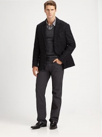 Remain cool and comfortable this season in a wonderfully soft, straight-leg jean shaped in brushed cotton with a delicate stripe pattern finish.Five-pocket styleZip flyInseam, about 33CottonMachine washImported Remain cool and comfortable this season in a wonderfully soft, straight-leg jean shaped in brushed cotton with a delicate stripe pattern finish.Five-pocket styleZip flyInseam, about 33CottonMachine washImported