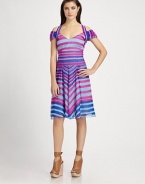 Bold variegated stripes pop on this comely silk frock tailored with a flared hem and skin-baring open shoulders.Halter necklineShort sleeves with open shouldersBodice dartsDropped waistPleated skirtCenter back zipperAbout 23 from shoulder to hemSilkDry cleanMade in USA of imported fabricModel shown is 5'8½ (174cm) wearing US size 4.