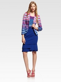 Bold variegated stripes pop on this slim button-down blazer.Notch collarDefined shouldersBodice dartsThree-button closureAbout 22 from shoulder to hem97% cotton/3% spandexDry cleanMade in USA of imported fabricModel shown is 5'8½ (174cm) wearing US size 4.Please note: Belt not included. Bold variegated stripes pop on this slim button-down blazer.Notch collarDefined shouldersBodice dartsThree-button closureAbout 22 from shoulder to hem97% cotton/3% spandexDry cleanMade in USA of imported fabricModel shown is 5'8½ (174cm) wearing US size 4.Please note: Belt not included.