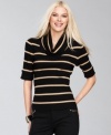 Cuff 'em! INC's metallic-stripe sweater features rhinestone buttons at the sleeves for added sparkle.