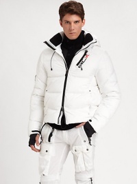 A water-resistant and repellent down jacket features interior techno-fleece piecing and is designed with a wind-guard hood, storm cuffs and thumbholes for added protection against the elements.Two-way zip frontRemovable drawstring hoodZippered chest, waist pocketsAbout 23 from shoulder to hemNylonMachine washImported A water-resistant and repellent down jacket features interior techno-fleece piecing and is designed with a wind-guard hood, storm cuffs and thumbholes for added protection against the elements.Two-way zip frontRemovable drawstring hoodZippered chest, waist pocketsAbout 23 from shoulder to hemNylonMachine washImported