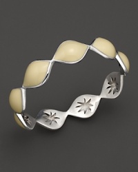 Warm vanilla enamel drops over a carved sterling silver bangle By Elizabeth Showers. Warm vanilla enamel drops over a carved sterling silver bangle By Elizabeth Showers.