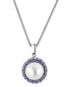 A contemporary classic. This sterling silver necklace features a cultured freshwater pearl (10-11 mm) pendant surrounded by tanzanite colored crystal (3/4 ct. t.w.), amethyst colored crystal (1/2 ct. t.w.) and crystal (5/8 ct. t.w.) for a stunning effect. Approximate length: 18 inches. Approximate drop length: 1 inch.