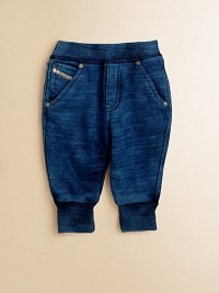 A cool and comfy pair featuring soft cotton styled and washed like denim.Ribbed elastic waistbandPull-on styleFive-pocket styleRibbed cuffsCottonMachine washImported