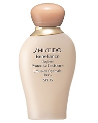 Shiseido Benefiance Daytime Protective Emulsion SPF 15. A silky emulsion that provides protection against dryness, UV-rays and other harmful environmental factors. Protects skin from dehydration and keeps it supple for hours without a trace of stickiness. Recommended for normal to dry skin. Use daily after cleansing and softening.