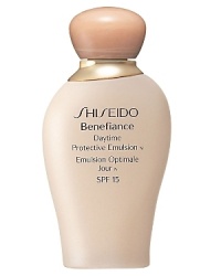 Shiseido Benefiance Daytime Protective Emulsion SPF 15. A silky emulsion that provides protection against dryness, UV-rays and other harmful environmental factors. Protects skin from dehydration and keeps it supple for hours without a trace of stickiness. Recommended for normal to dry skin. Use daily after cleansing and softening. Shiseido Benefiance Daytime Protective Emulsion SPF 15. A silky emulsion that provides protection against dryness, UV-rays and other harmful environmental factors. Protects skin from dehydration and keeps it supple for hours without a trace of stickiness. Recommended for normal to dry skin. Use daily after cleansing and softening.
