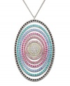 All the colors of the rainbow. Glowing in hypnotic multicolored crystal, Swarovski's pretty pendant illuminates your summer outfits. The centerpiece features refined open-work metal with palladium plating and hangs elegantly on a stainless steel chain. Approximate length: 27-1/2 inches. Approximate drop length: 2-1/2 inches. Approximate drop width: 1-1/2 inches.