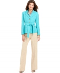 A summery fabrication and bright hues make this Evan Picone pant suit a must-have for the season ahead. A matching scarf adds a pop of pattern to the look. A summery fabrication and bright hues make this Evan Picone pant suit a must-have for the season ahead. A matching scarf adds a pop of pattern to the look.