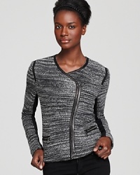 Embrace the season's modern aesthetic with this asymmetric jacket from Rebecca Taylor. A curved front zip, quilted leather trimming and tweed bouclé meet for inimitable chic that moves from day to night with true edge. Embrace the season's modern aesthetic with this asymmetric jacket from Rebecca Taylor. A curved front zip, quilted leather trimming and tweed bouclé meet for inimitable chic that moves from day to night with true edge.
