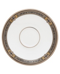 For nearly 150 years, Lenox has been renowned throughout the world as a premier designer and manufacturer of fine china. The Vintage Jewel pattern from Lenox's dinnerware and dishes collection evokes a more gracious era, combining pure white bone china with a dark, richly patterned band of muted gold, taupe, charcoal, and black, and accented with subtle touches of cobalt blue. For nearly 150 years, Lenox has been renowned throughout the world as a premier designer and manufacturer of fine china. The Vintage Jewel pattern from Lenox's dinnerware and dishes collection evokes a more gracious era, combining pure white bone china with a dark, richly patterned band of muted gold, taupe, charcoal, and black, and accented with subtle touches of cobalt blue.