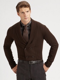 Tailored rib detail and a soft double-breasted silhouette uniquely crafted in superior wool.Button-frontShawl collarWoolDry cleanImported Tailored rib detail and a soft double-breasted silhouette uniquely crafted in superior wool.Button-frontShawl collarWoolDry cleanImported