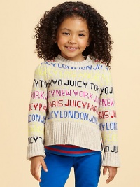 Covered in the names of famous locales like London and Paris, this crewneck sweater is perfect for the little cosmopolite.Ribbed crewneckButton closure at shoulderLong sleeves with ribbed cuffsRibbed hem39% polyamide/33% wool/14% modal/12% viscose/2% alpacaDry cleanImported Covered in the names of famous locales like London and Paris, this crewneck sweater is perfect for the little cosmopolite.Ribbed crewneckButton closure at shoulderLong sleeves with ribbed cuffsRibbed hem39% polyamide/33% wool/14% modal/12% viscose/2% alpacaDry cleanImported